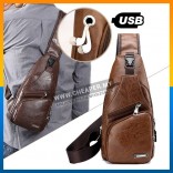 USB Charging Port Chest Sling Bag PU Leather Fashion Men Cross-body Sling Bag 