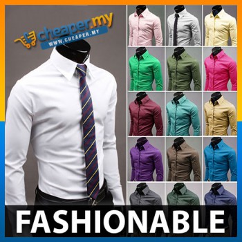 Korean Men Casual Fashion Solid Candy Colored Long-Sleeved Shirt