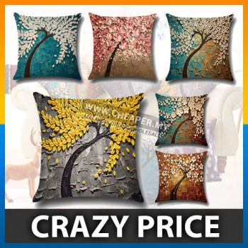 [CLEARANCE] 3D Painting Trees Flowers Linen Printed Pillow Case Cushion Cover