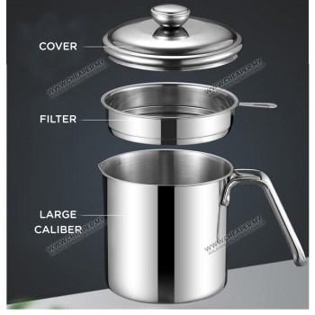 Large Capacity 1.2L 304 410 Stainless Steel Oil Pot with Filter Minyak Storage Grease Strainer Container