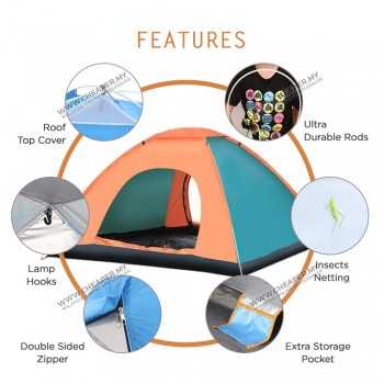 2-Door Waterproof Automatic Rapid Outdoor Camping Tent Fast Pop Up Tent Pop Up 3/4 person Tent Khemah Askar